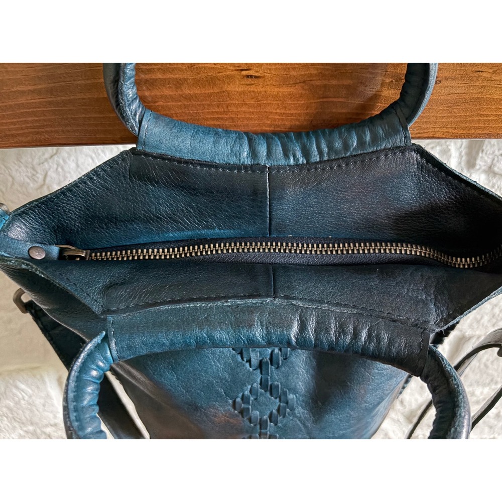 Vintage Latico Teal Leather Handbag Whipstitch Crossbody Tote Geometric Detail - Picture 10 of 17